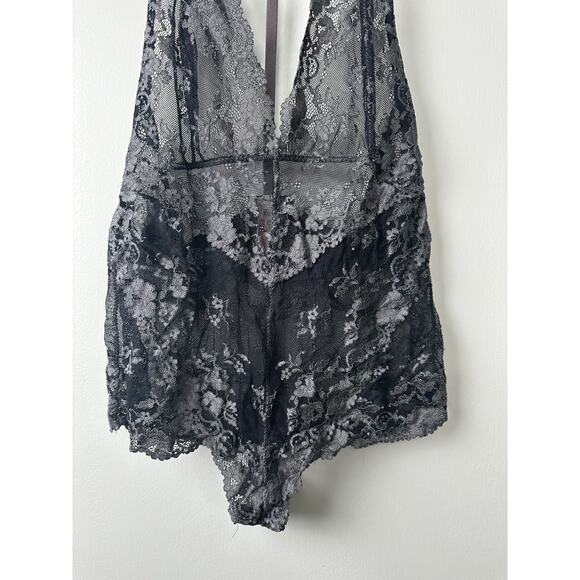 Intimately Free People Too Cute To Handle Black Gray Sheer Lace Bodysuit Sz M E7 - Picture 2 of 7